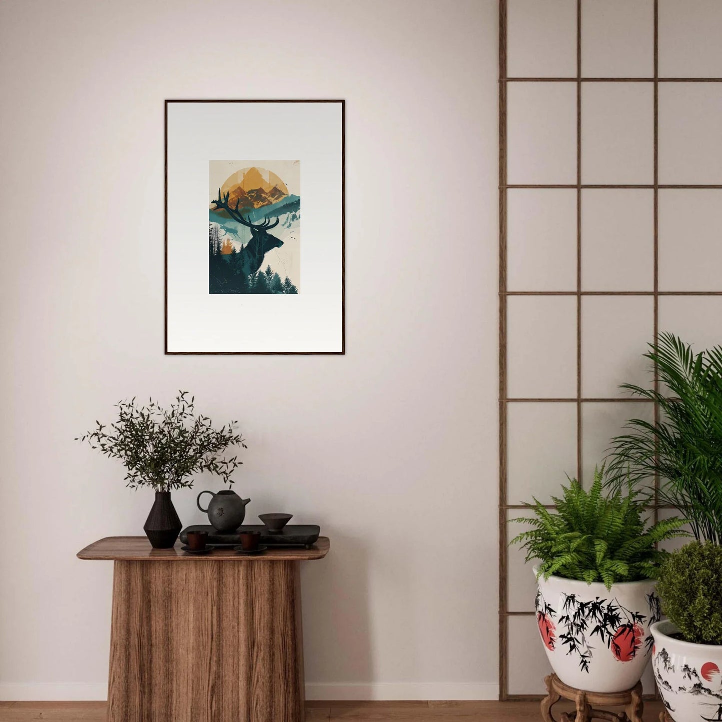 Framed wall art of a mountainous landscape for serene room decor and reflection solace