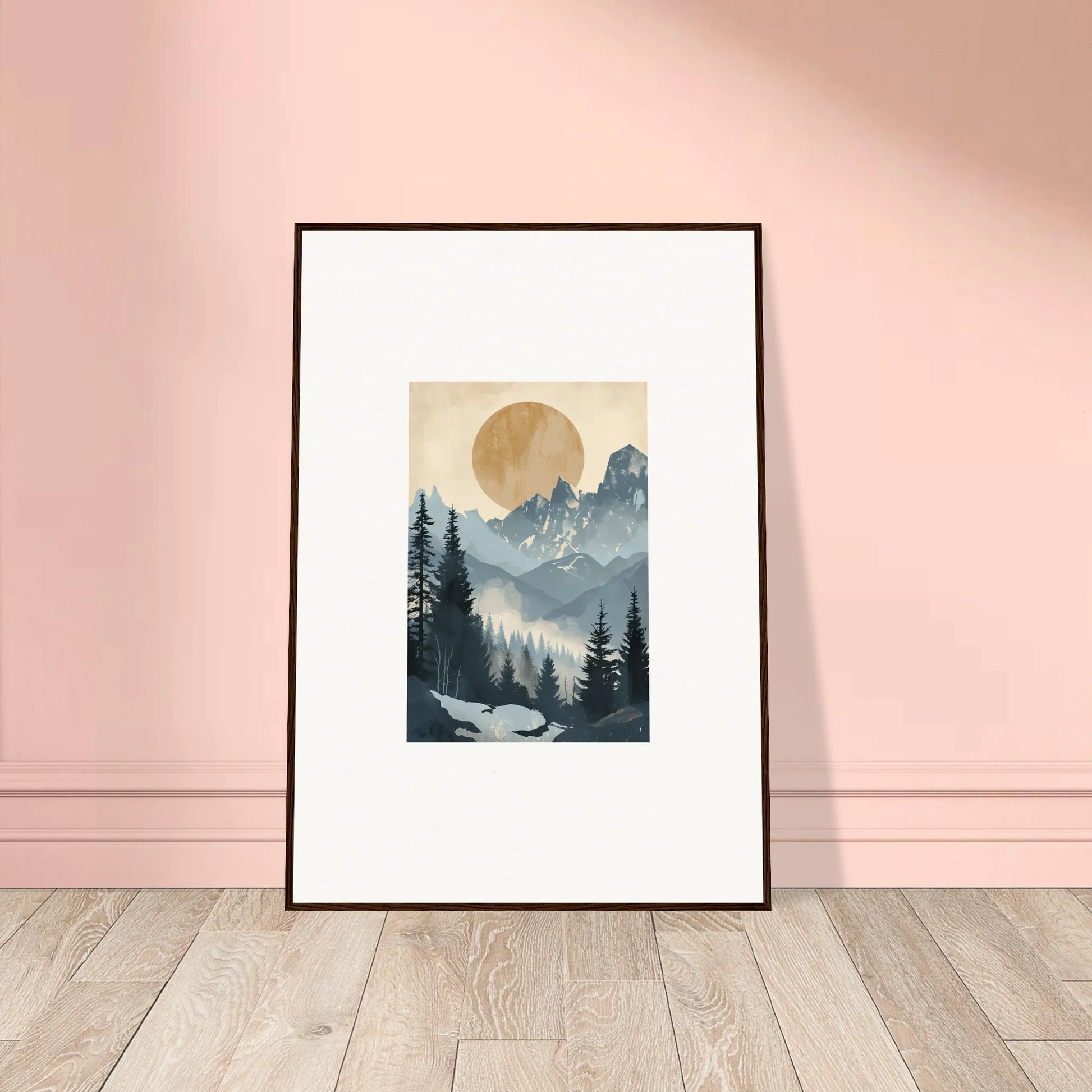 Framed wall art of an Alpine Serenade with mountains, trees, and a golden sun