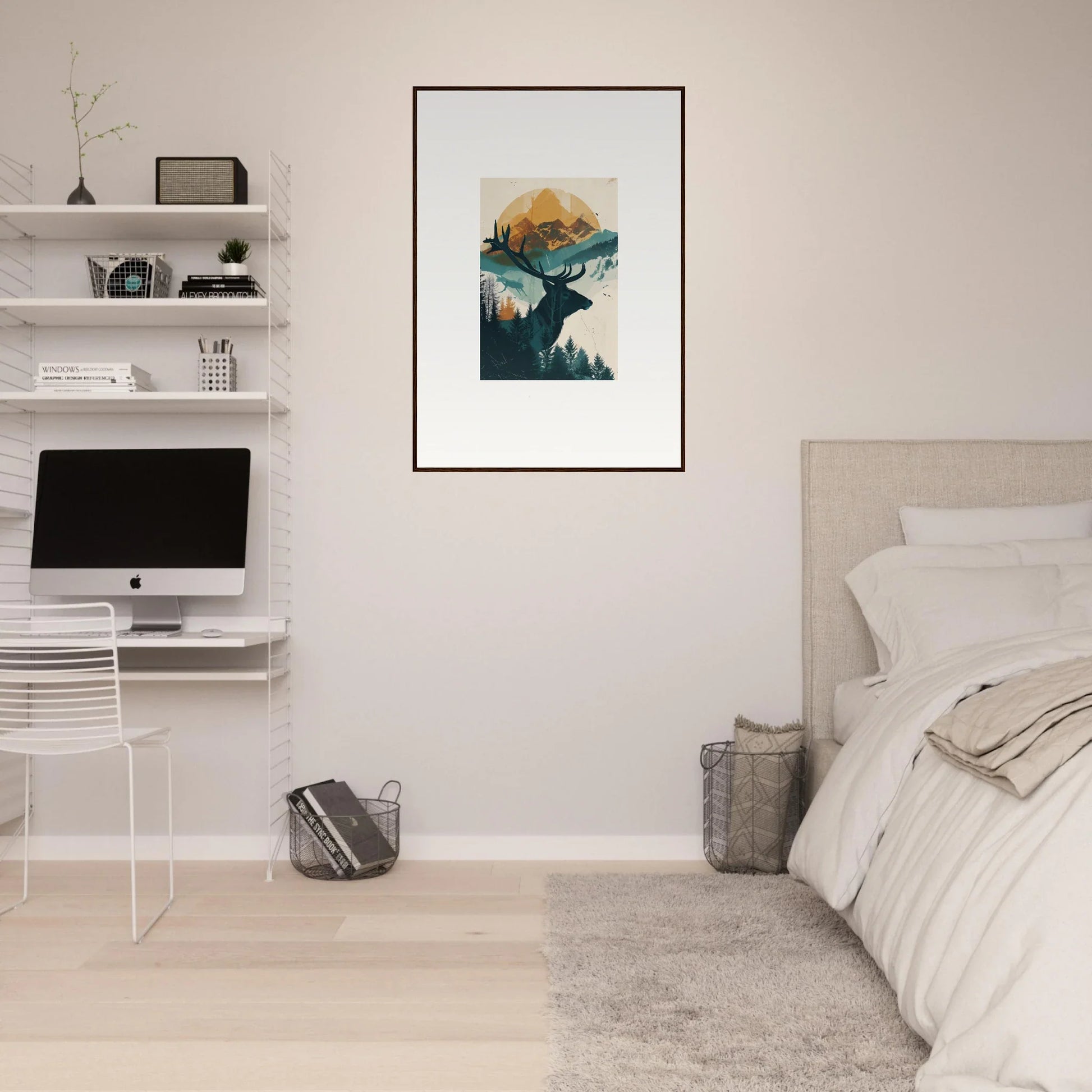 Framed wall art of a mountainous landscape with a deer silhouette for reflection solace