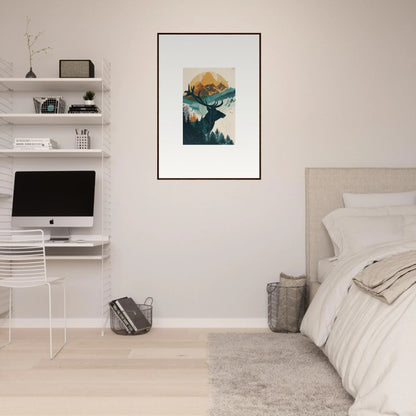 Framed wall art of a mountainous landscape with a deer silhouette for reflection solace