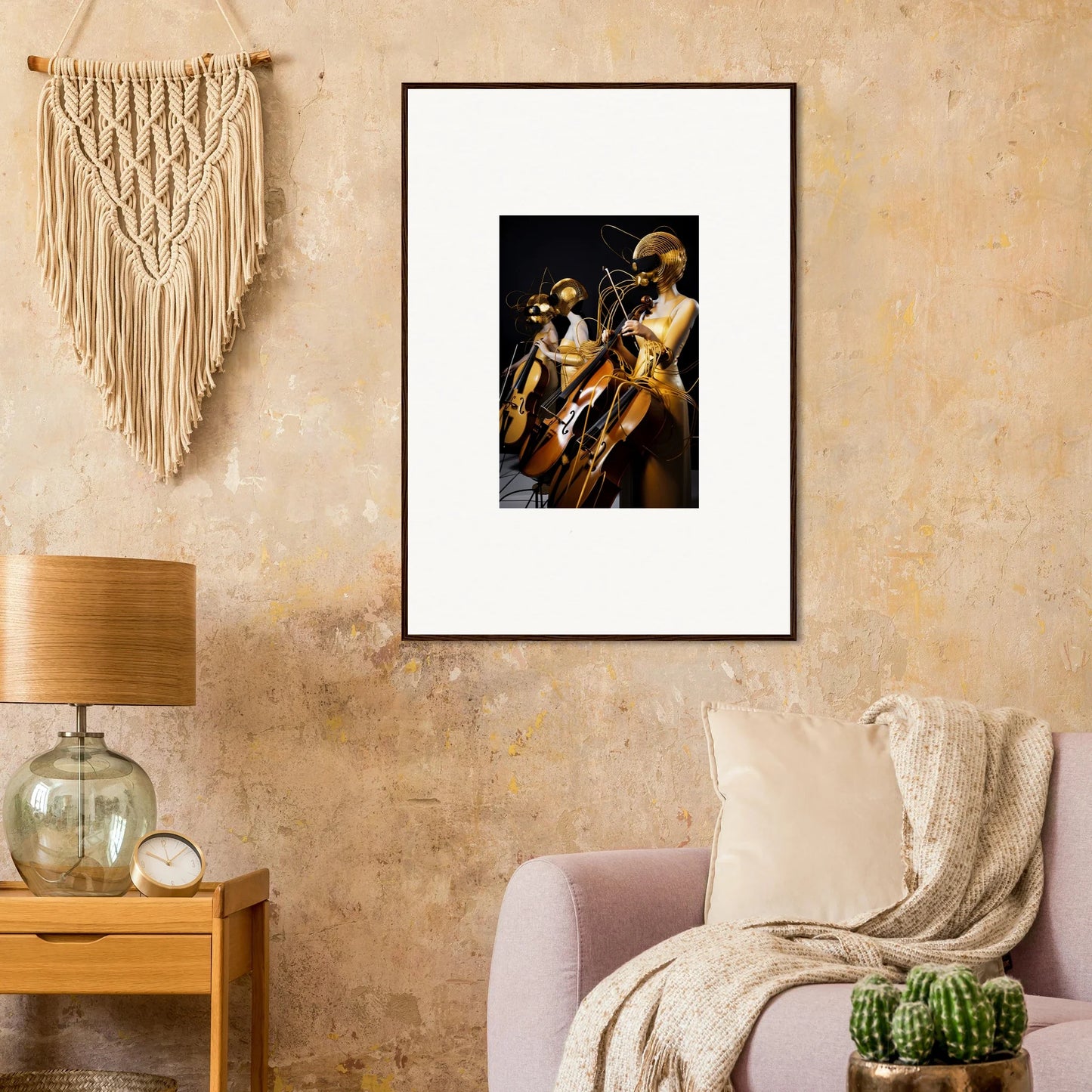 Framed wall art of musicians with string instruments, perfect for Amber Crescendo room decor