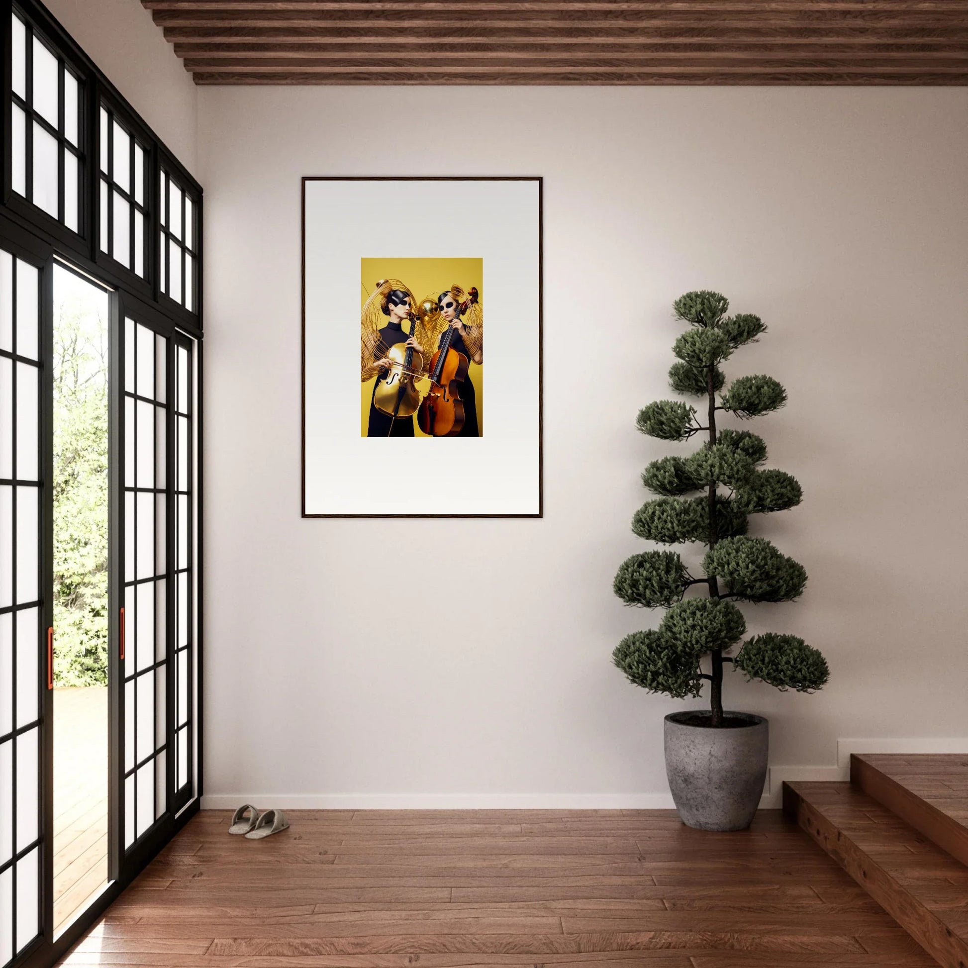 Framed wall art of musicians with string instruments on yellow background for room decor