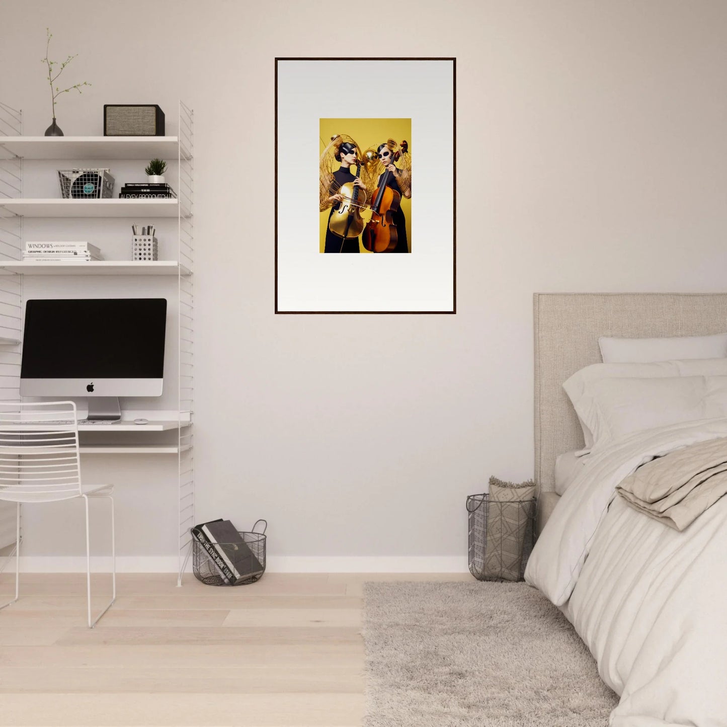 Framed wall art of musicians playing string instruments in yellow for unique room decor