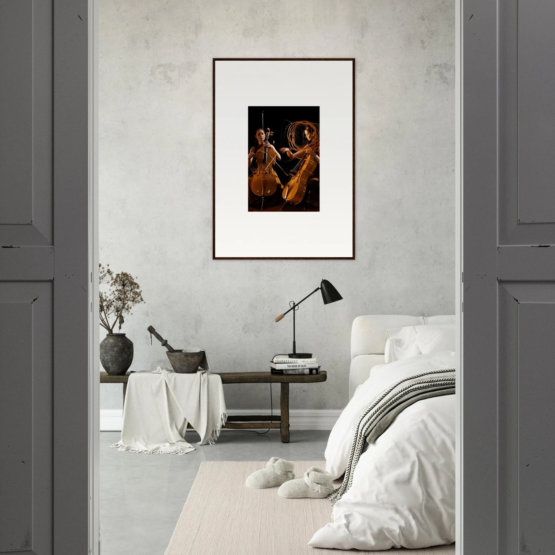 Framed wall art of musicians playing string instruments for elegant room decor