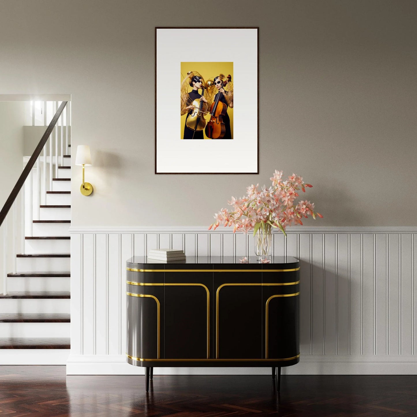 Framed wall art of musicians with string instruments, perfect room decor for dive illusions