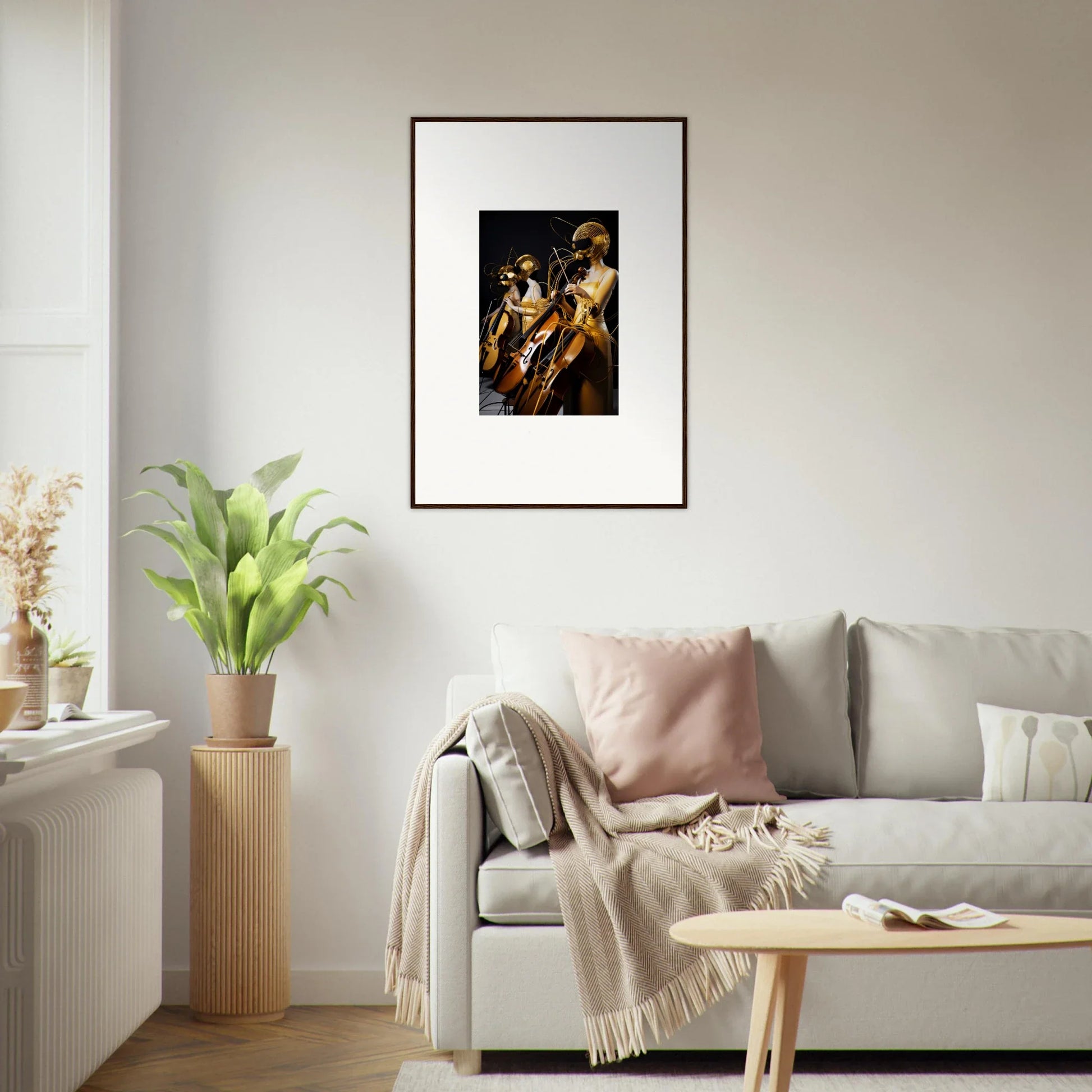 Framed wall art of musicians playing stringed instruments in Amber Crescendo decor