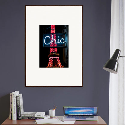 Framed wall art of neon Chic sign over illuminated Eiffel Tower for Paris dreams room decor