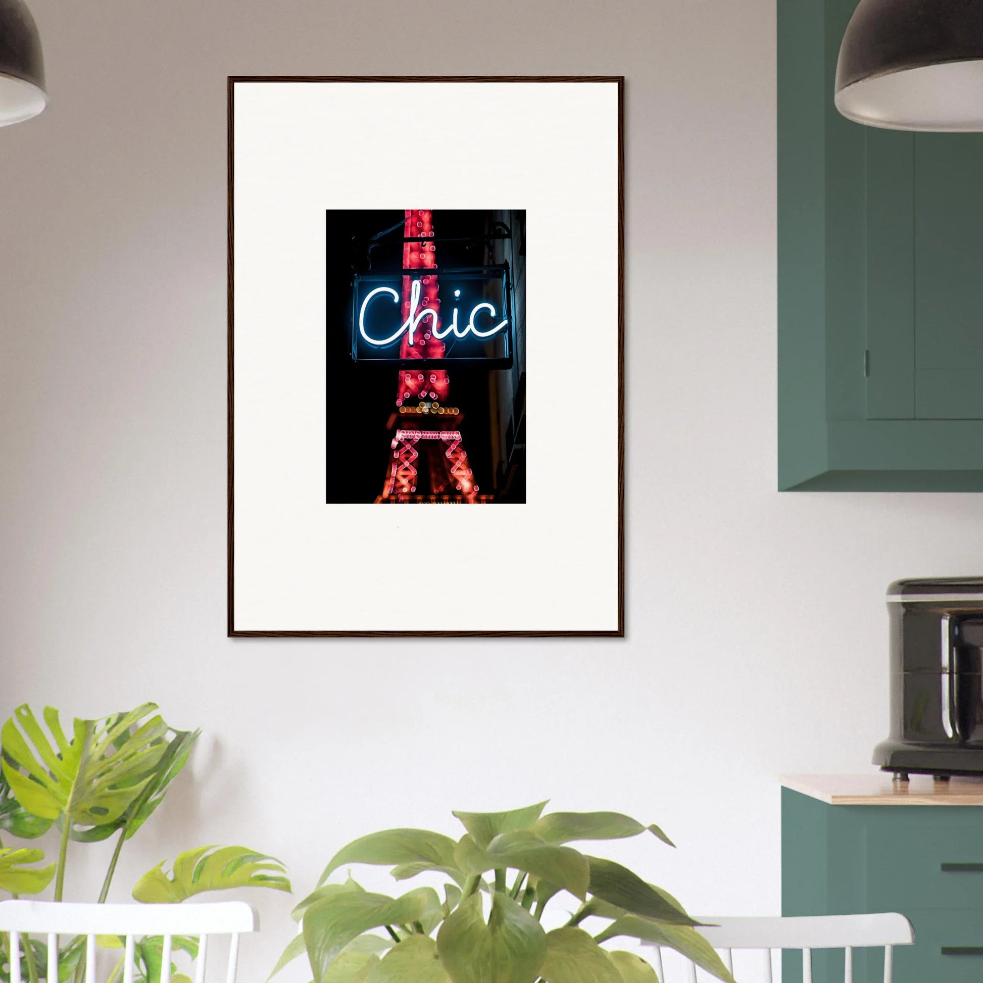 Framed wall art featuring a neon Chic sign with red accents for Paris dreams room decor