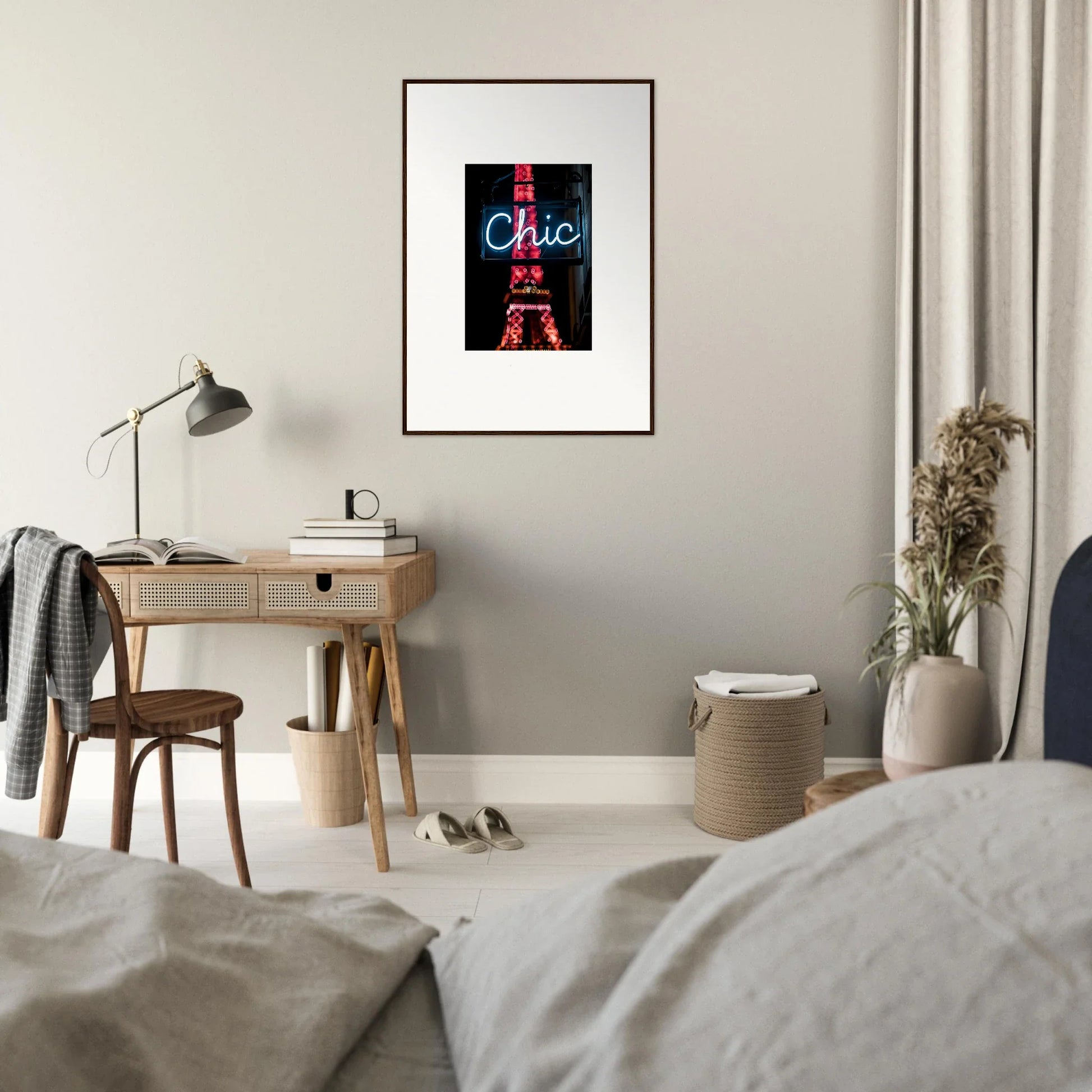 Framed wall art of a neon Chic sign above a stylish Eiffel Tower for Paris dreams room decor