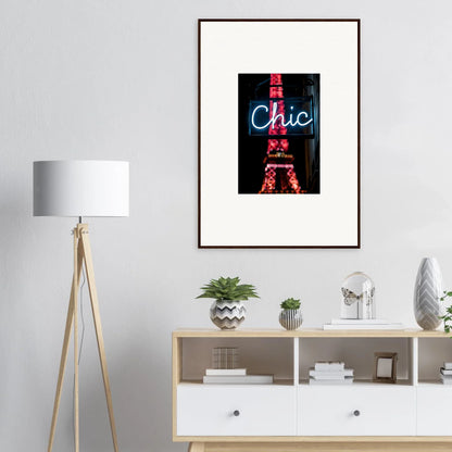 Framed wall art featuring a neon Chic sign and Eiffel Tower for Paris dreams room decor