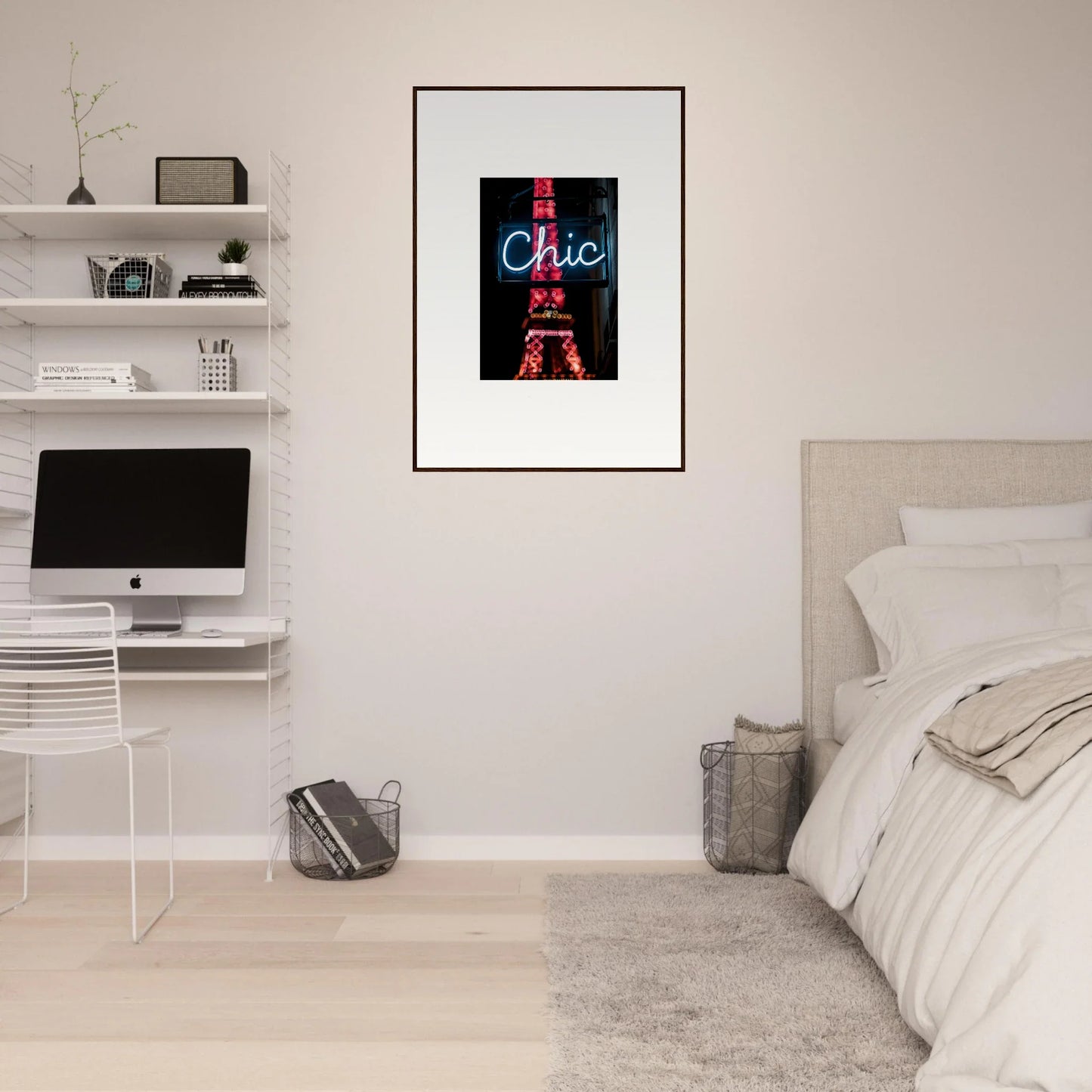 Framed wall art of neon Chic text over illuminated Eiffel Tower for Paris dreams room decor