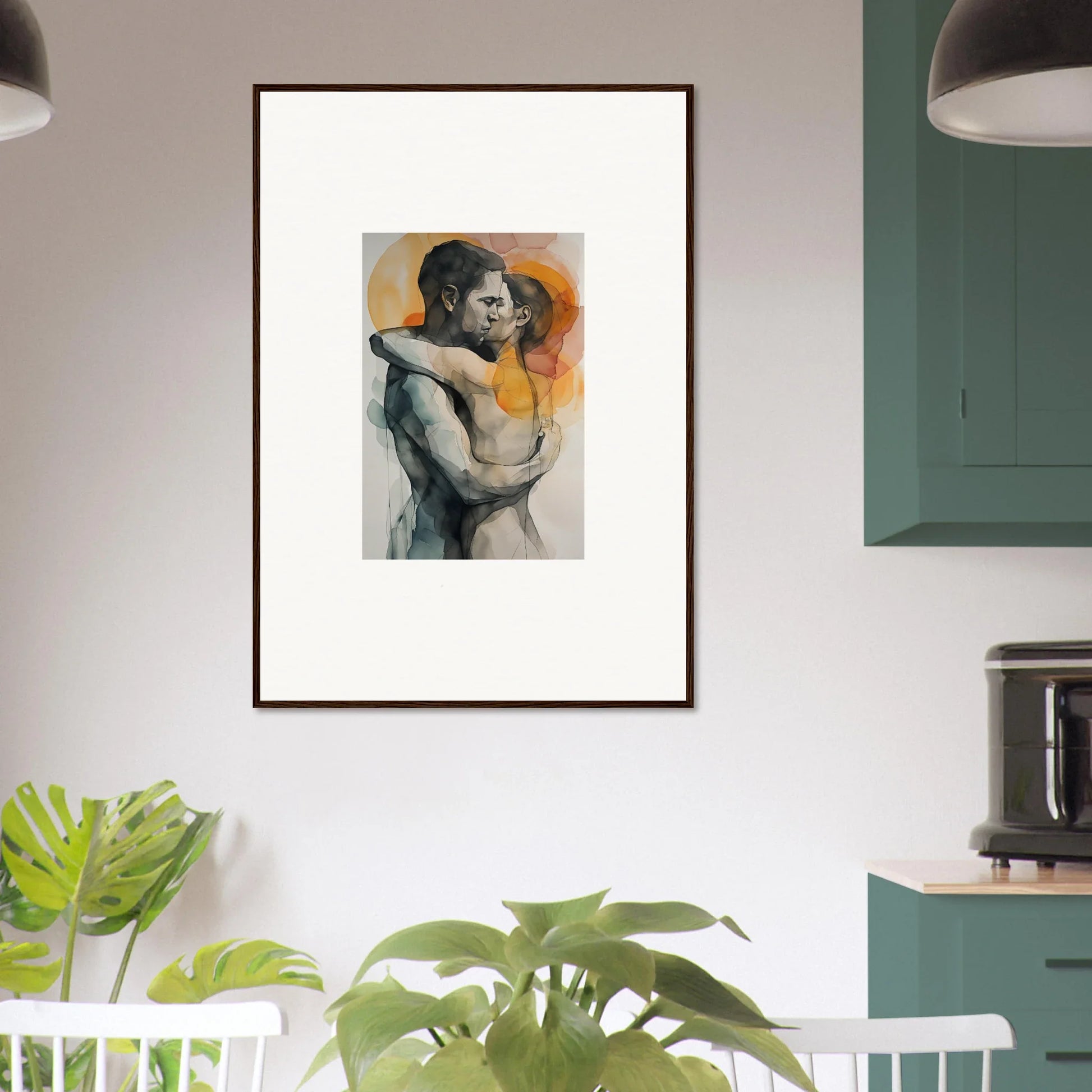 Framed wall art of a nude figure against an orange background for modern room decor