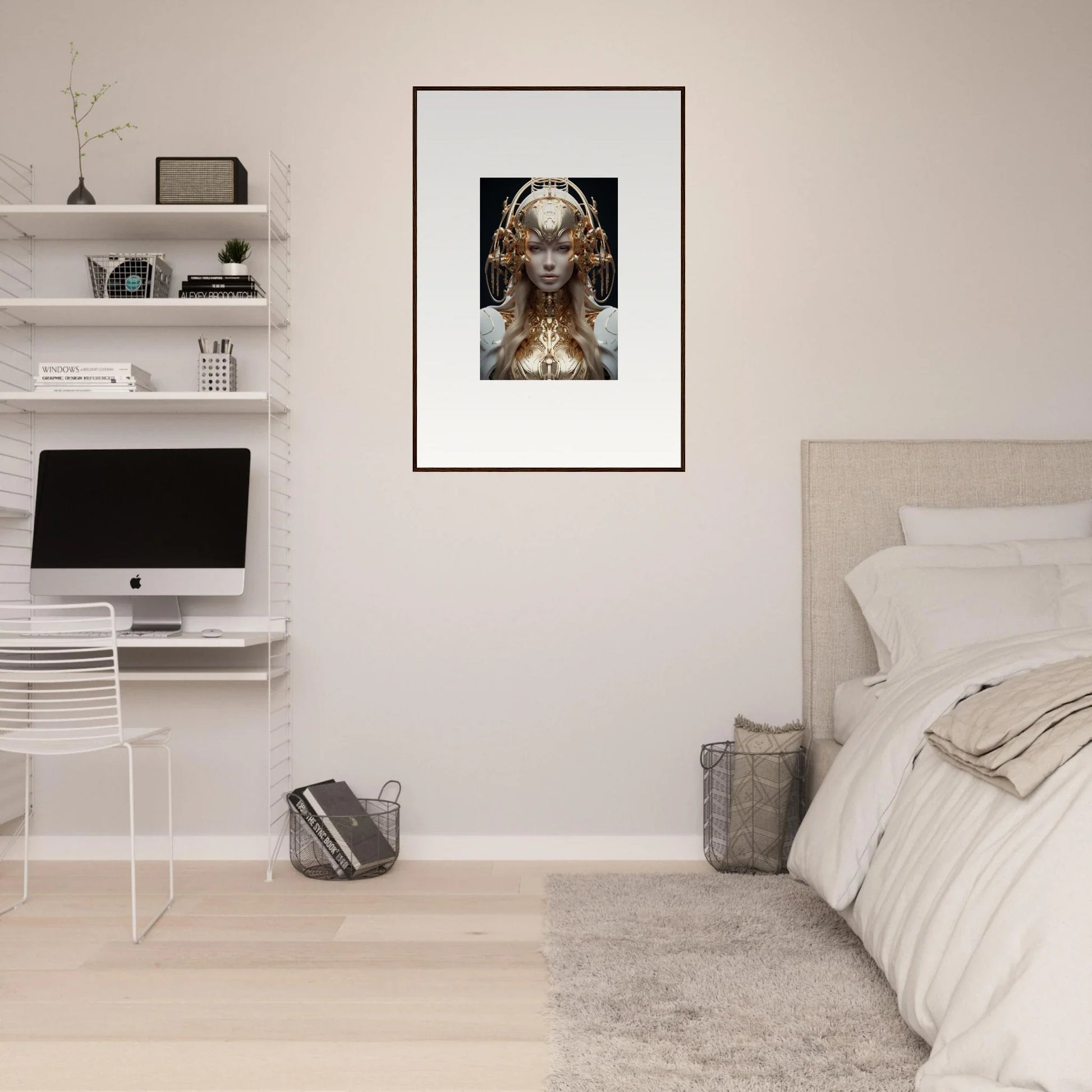 Framed wall art of a futuristic female figure for unique room decor and mind reverie