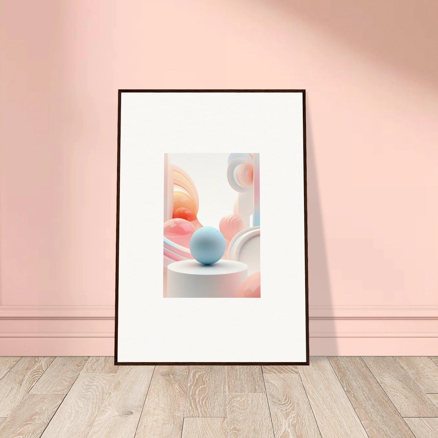 Framed wall art with pastel-hued abstract shapes for cosmic timeless room decor