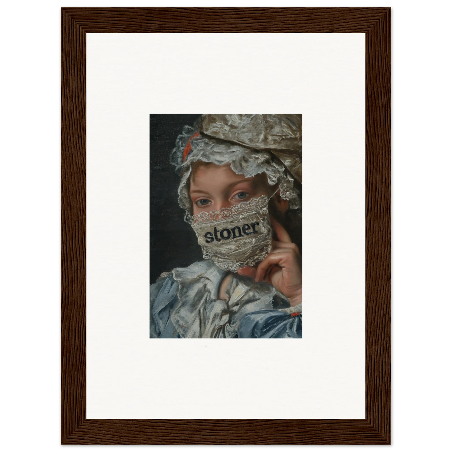 Framed wall art of 18th century figure in face mask, a unique Metamorphose Bliss decor