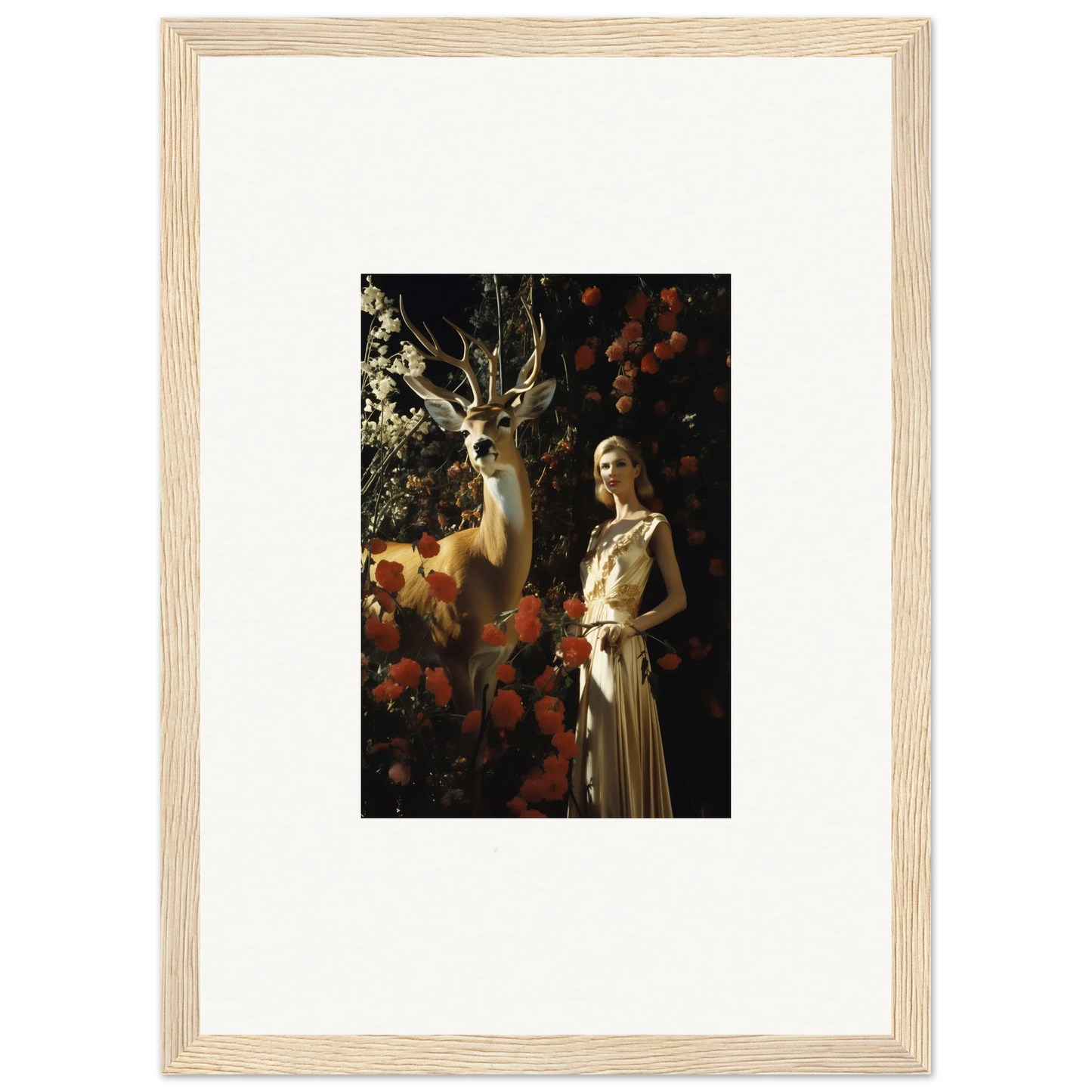 Framed artwork depicting a person standing next to a deer amid foliage.