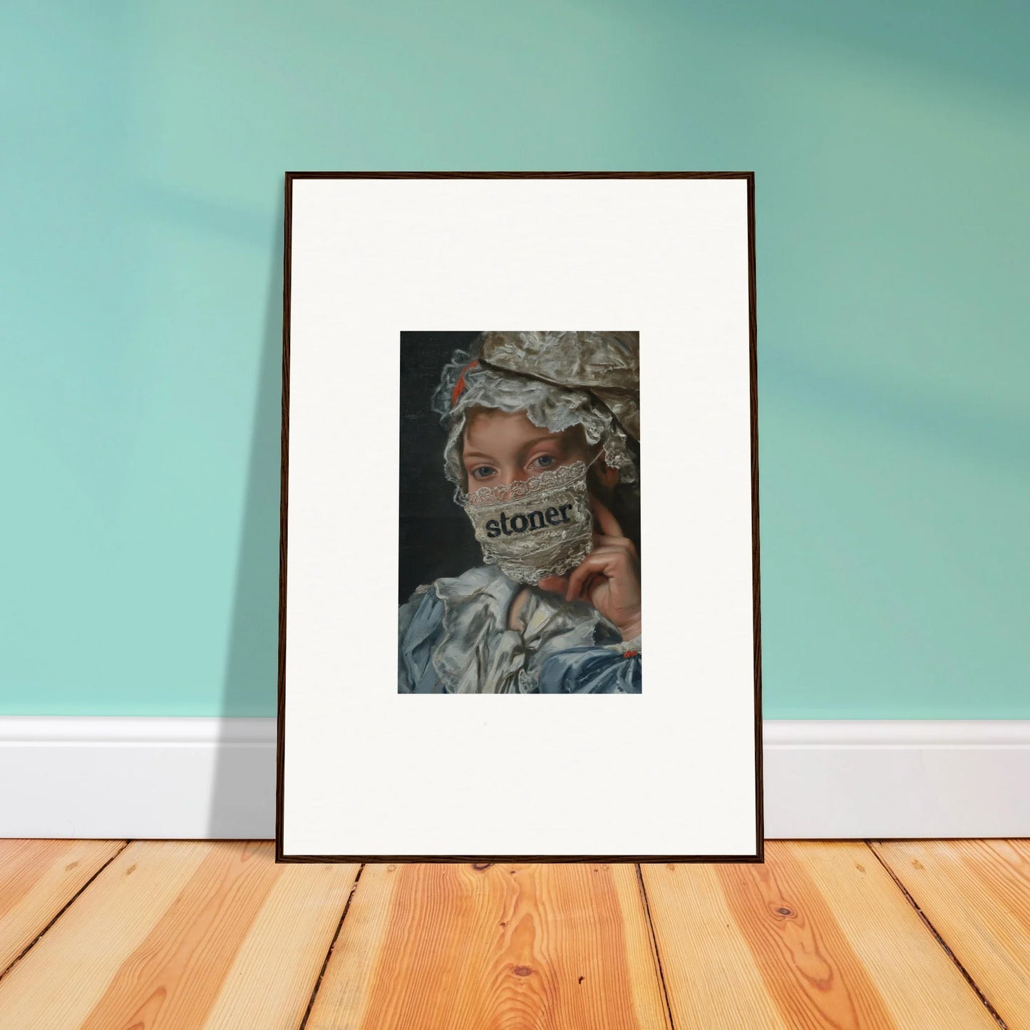 Framed wall art of masked person labeled stoner for Metamorphose Bliss room decor