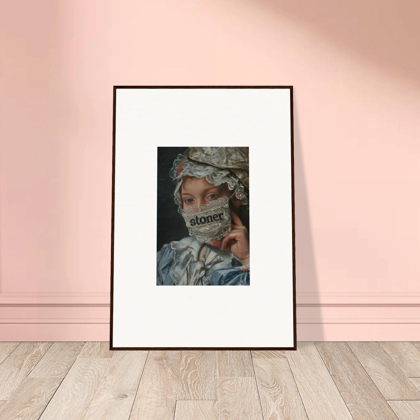 Framed wall art of a person with a floral headdress and ’stoner’ for room decor