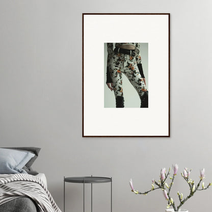 Framed wall art of person in floral pants, perfect for garden couture room decor