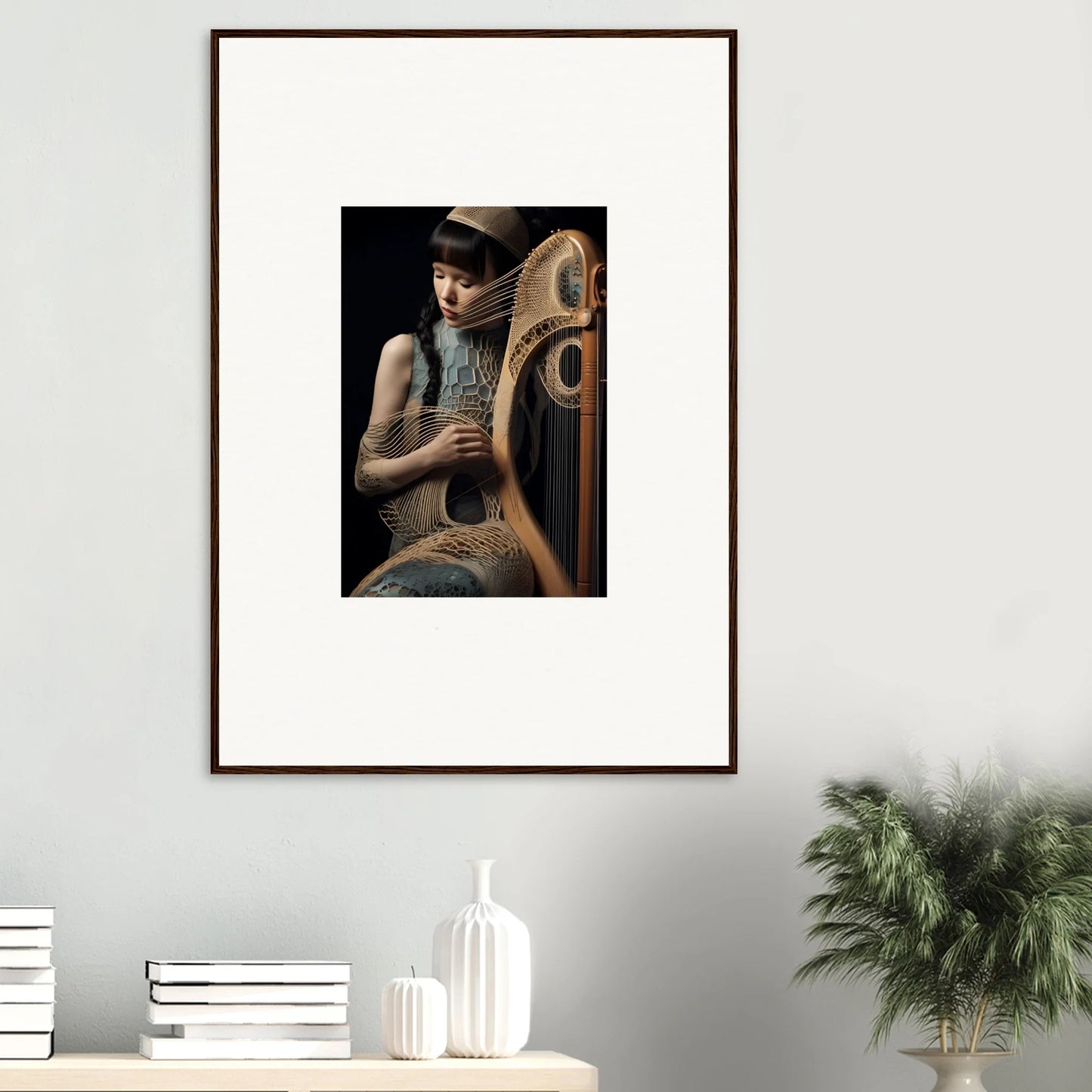 Framed wall art of a person with a harp-like instrument for elegant Velvet Fantasia room decor