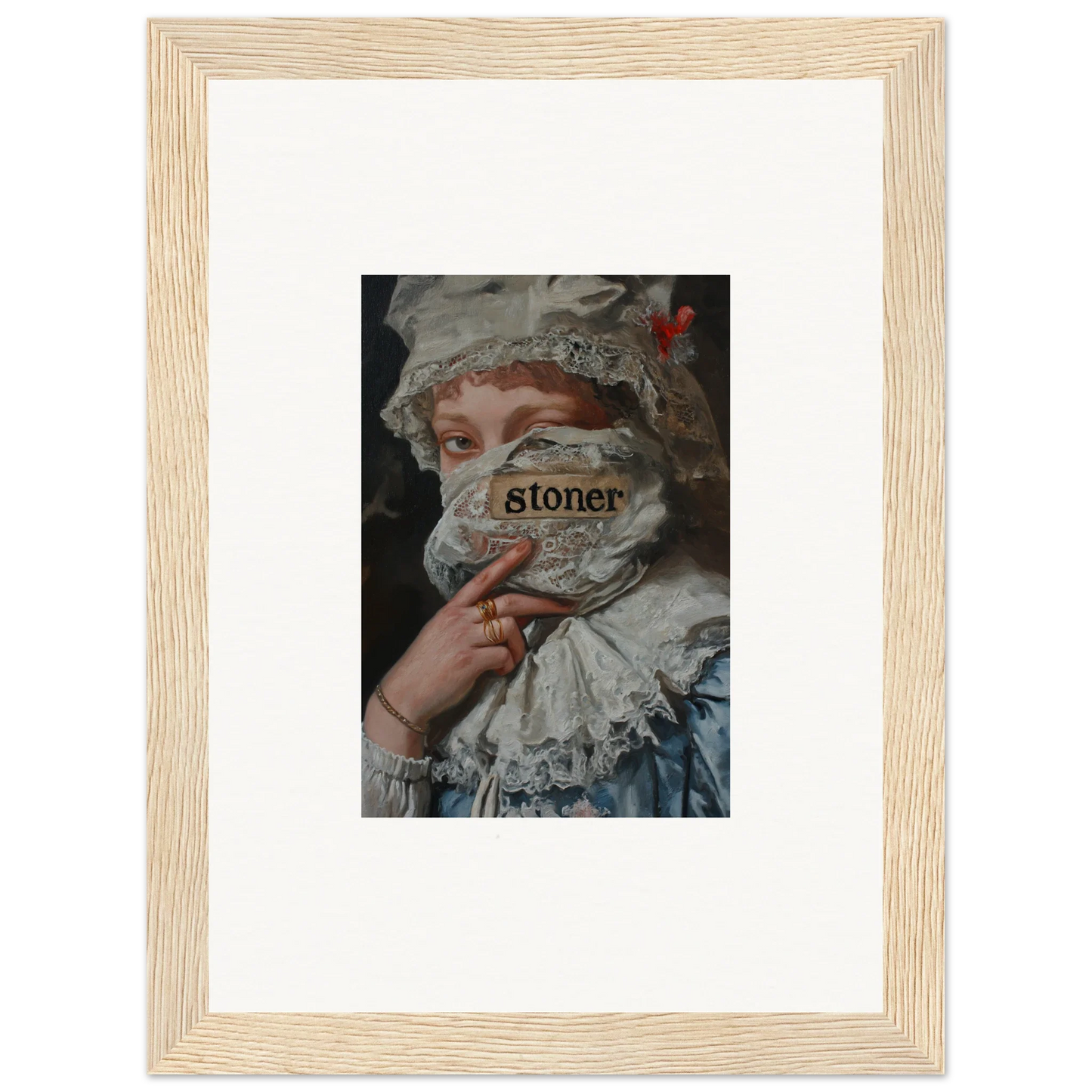 Framed wall art of a person in historical dress, part obscured, for Marvel Muse room decor