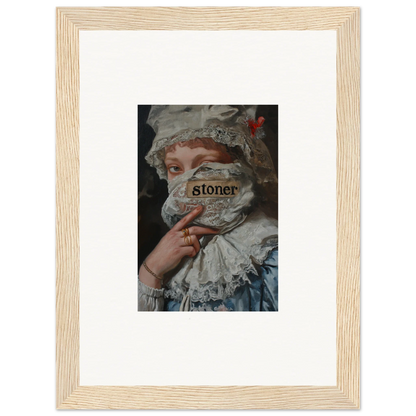 Framed wall art of a person in historical dress, part obscured, for Marvel Muse room decor