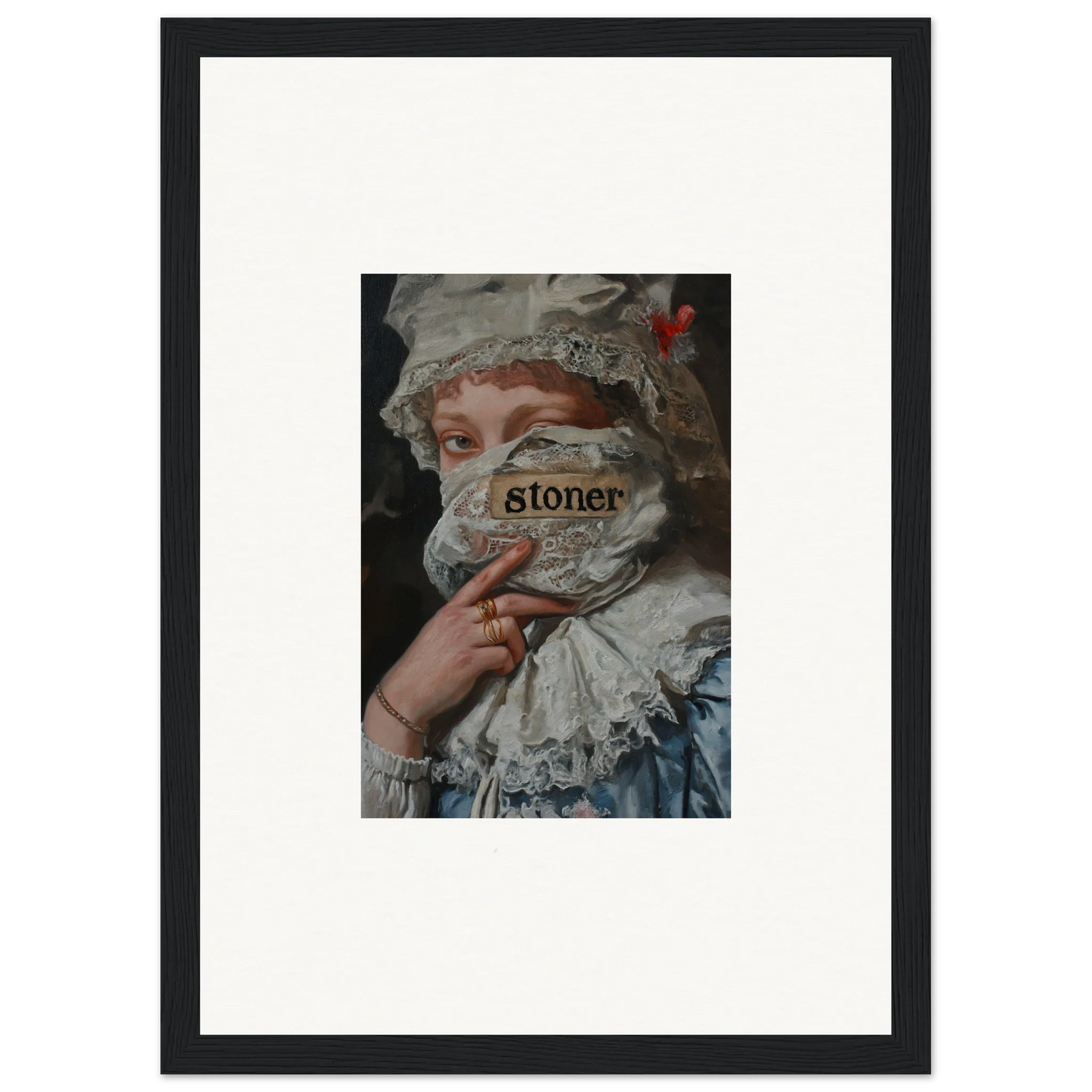 Framed wall art of a historical figure in a mask labeled stoner for room decor