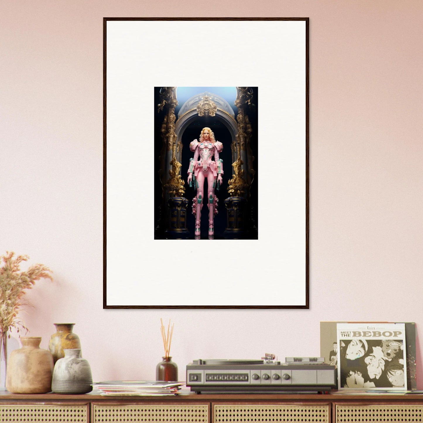 Framed wall art of a person in pink armor in ornate archway for Pastry Vanguard room decor