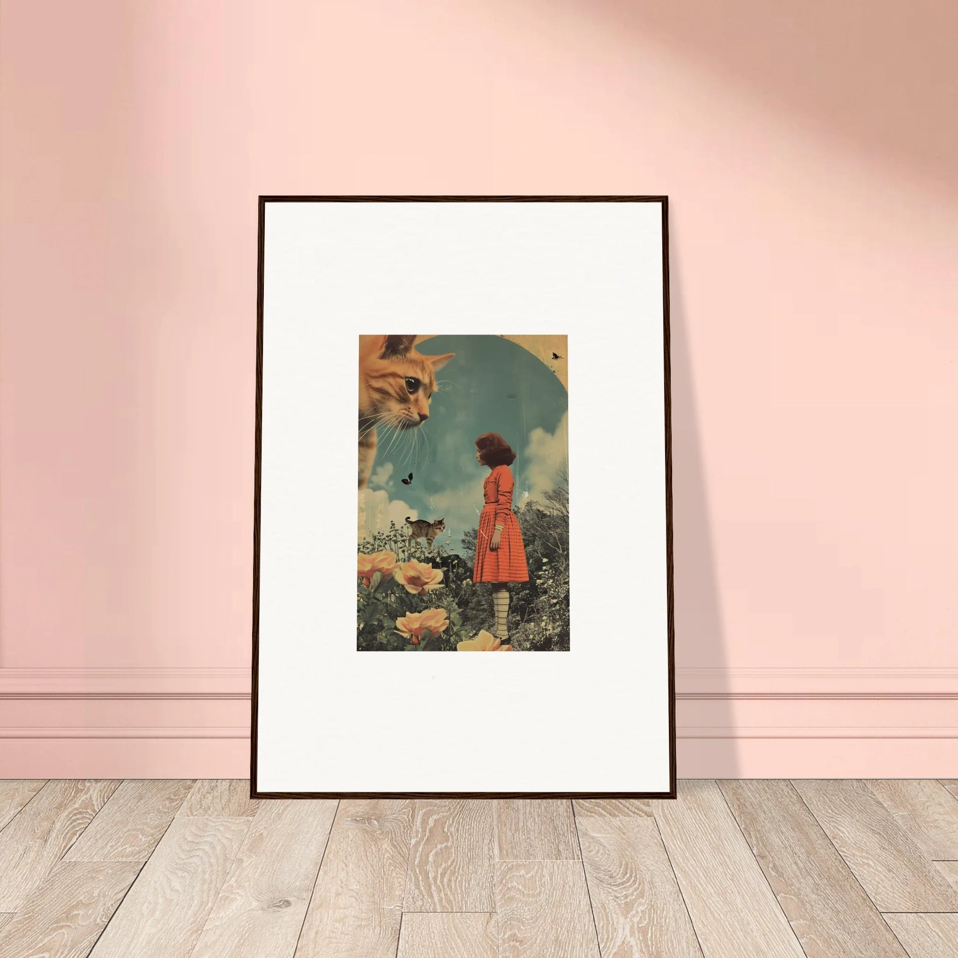 Framed wall art featuring a person in a red dress in a surreal landscape for feline dimensions