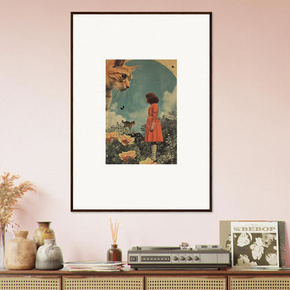 Framed wall art of a person in a red dress in a surreal landscape for unique room decor