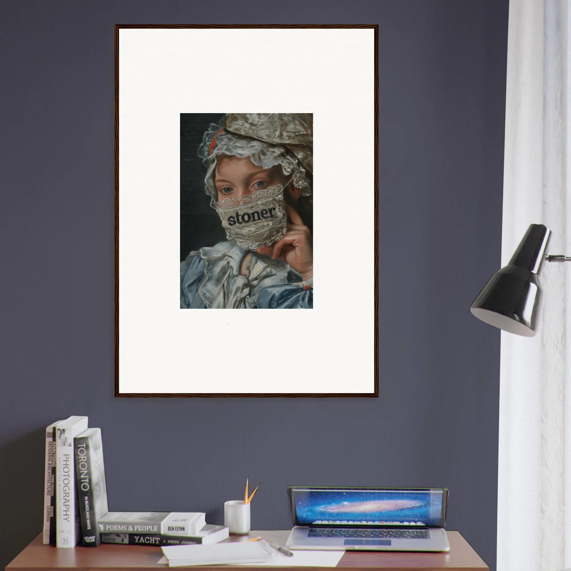 Framed wall art depicting a person with stoner text, ideal for Metamorphose Bliss room decor