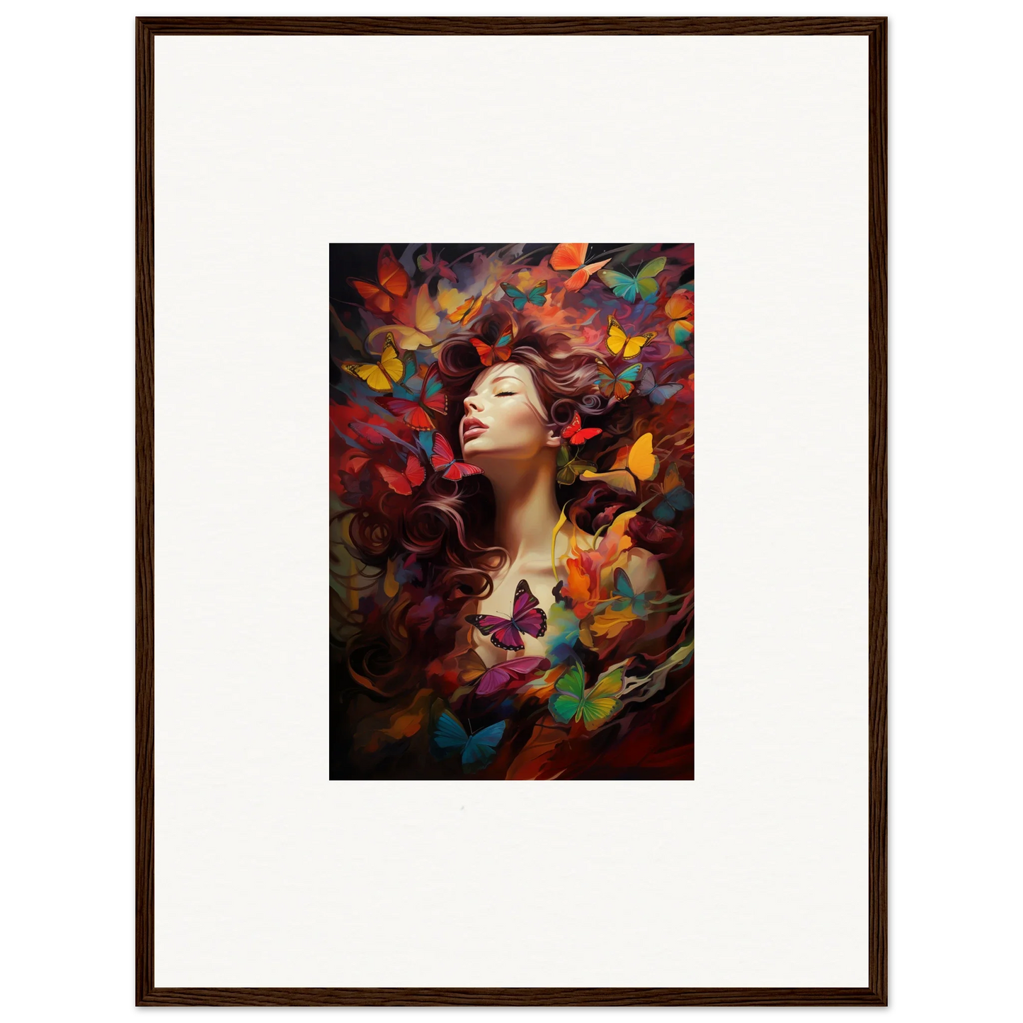 Framed wall art of a person amid colorful butterfly shapes for dream cascade room decor