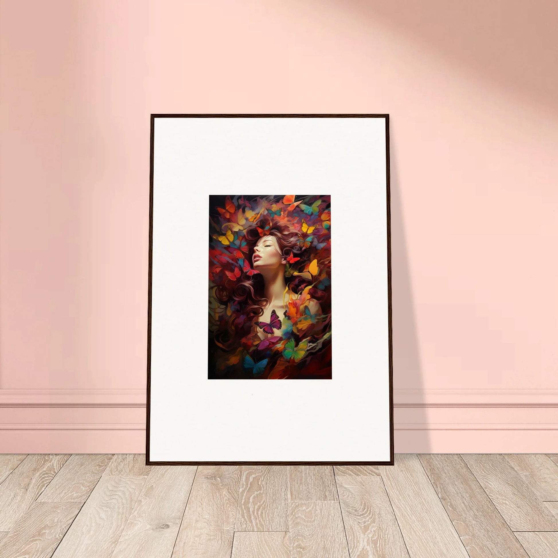 Framed wall art of a person in a dream cascade with colorful butterflies for room decor