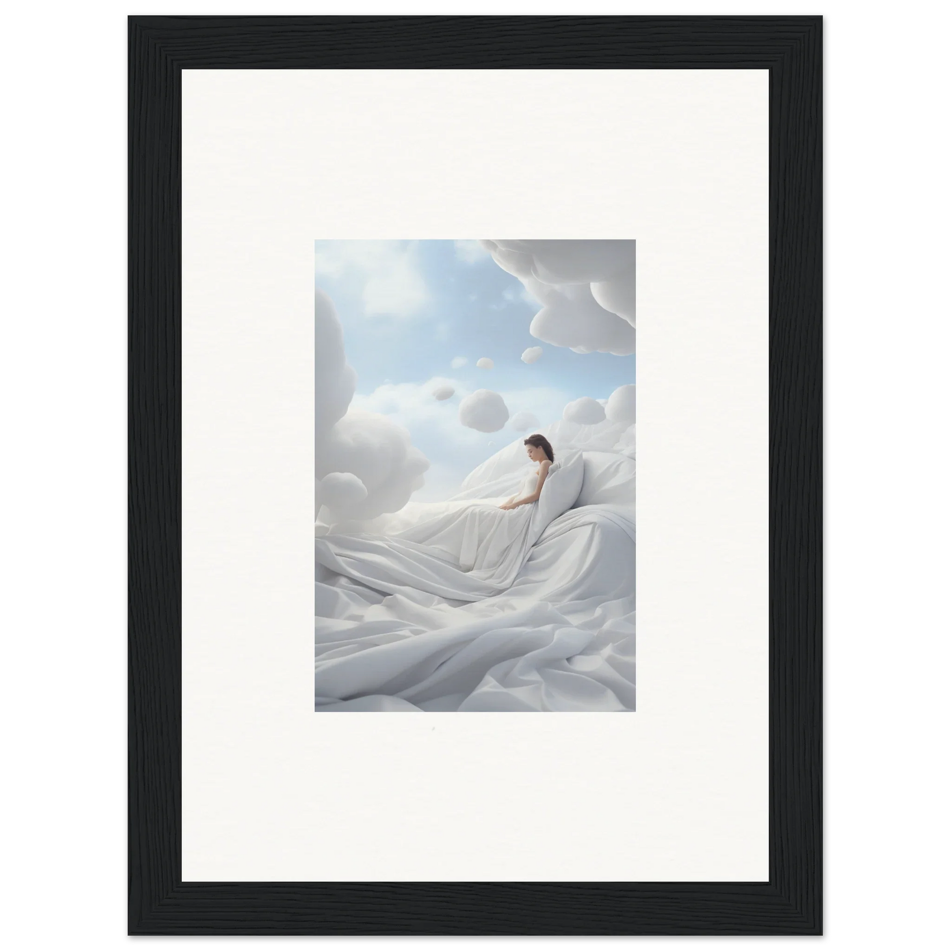 Framed wall art of a person on cotton dream fabric against a cloudy sky for room decor