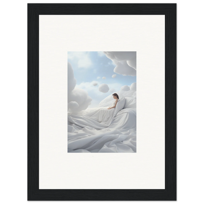 Framed wall art of a person on cotton dream fabric against a cloudy sky for room decor