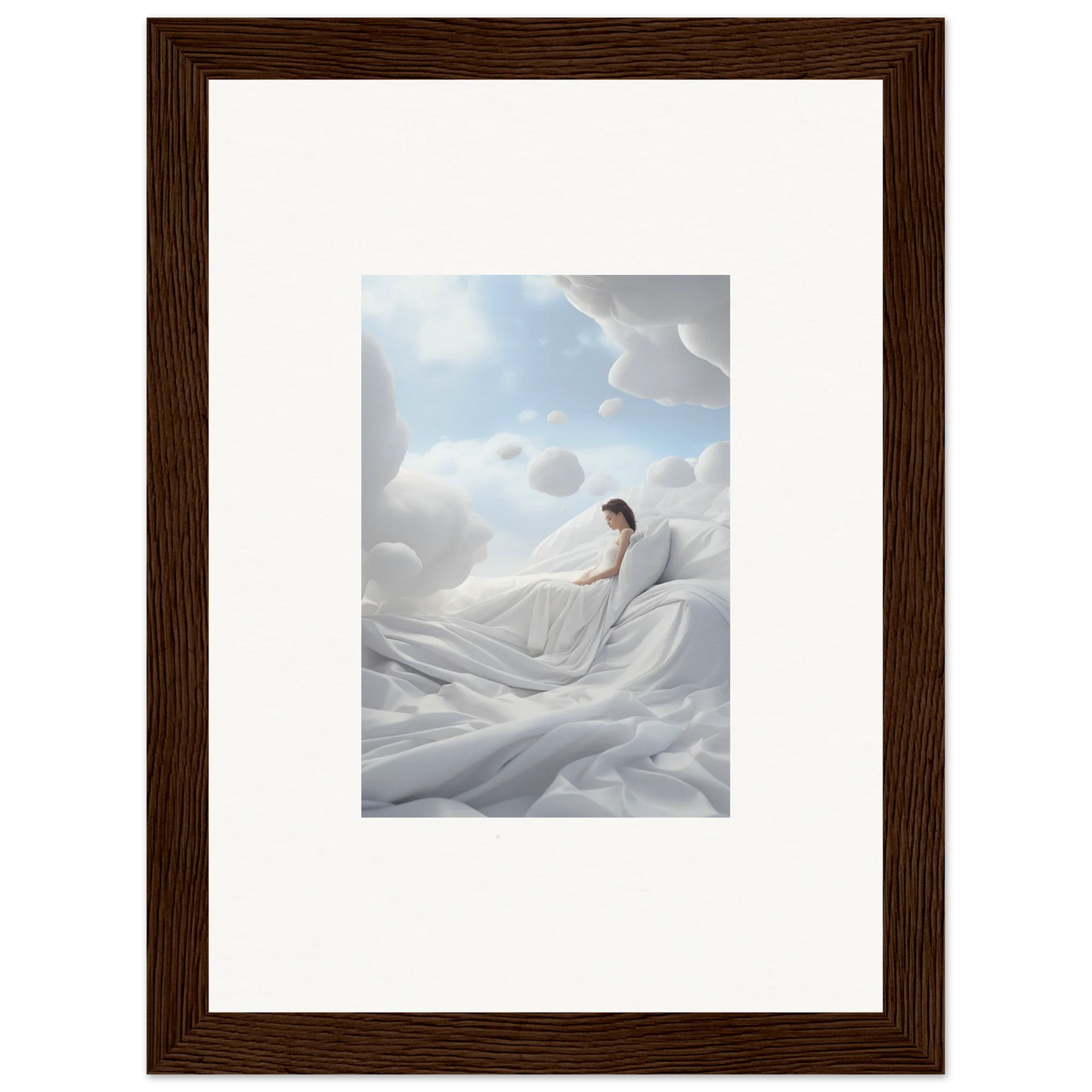 Framed wall art of a person on white fabric for a serene cotton dream room decor