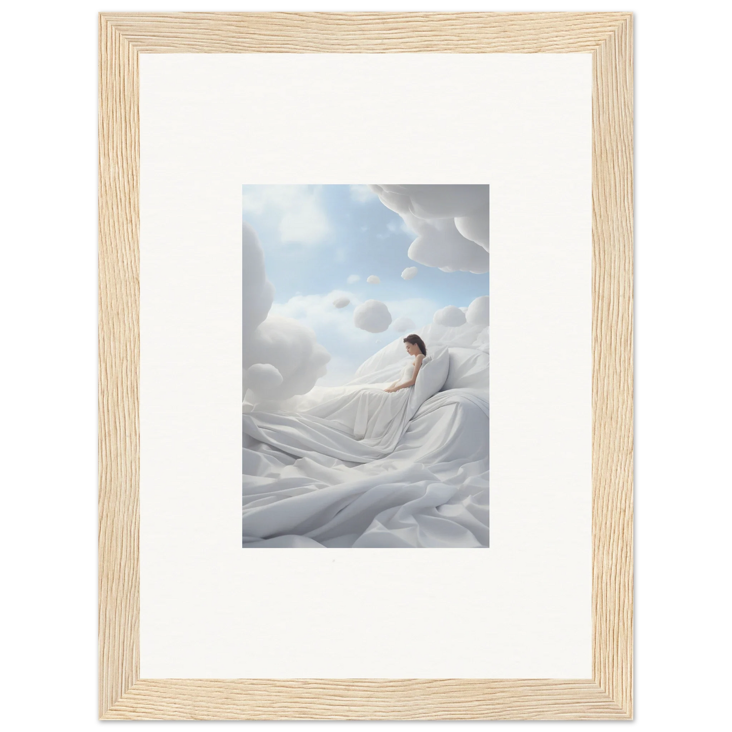 Framed wall art of a person on cotton dream fabric for elegant room decor