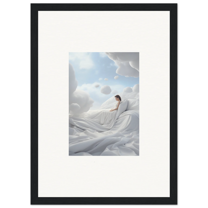 Framed wall art of a person resting on cotton dream clouds for stylish room decor