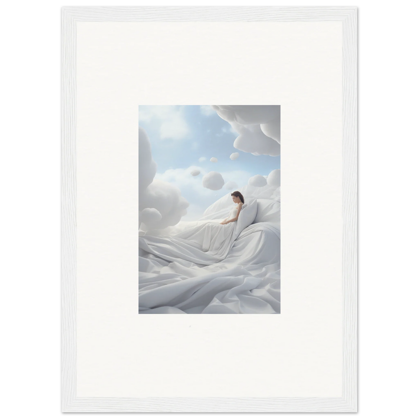 Framed wall art of a person in cotton dream styled fabric against a cloudy sky