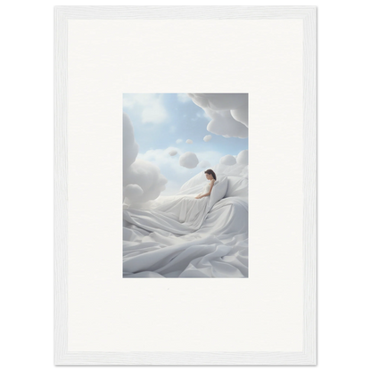 Framed wall art of a person in cotton dream styled fabric against a cloudy sky