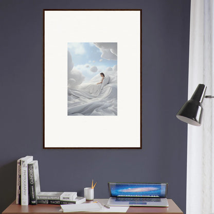 Framed wall art of a person in white fabric for a cotton dream room decor