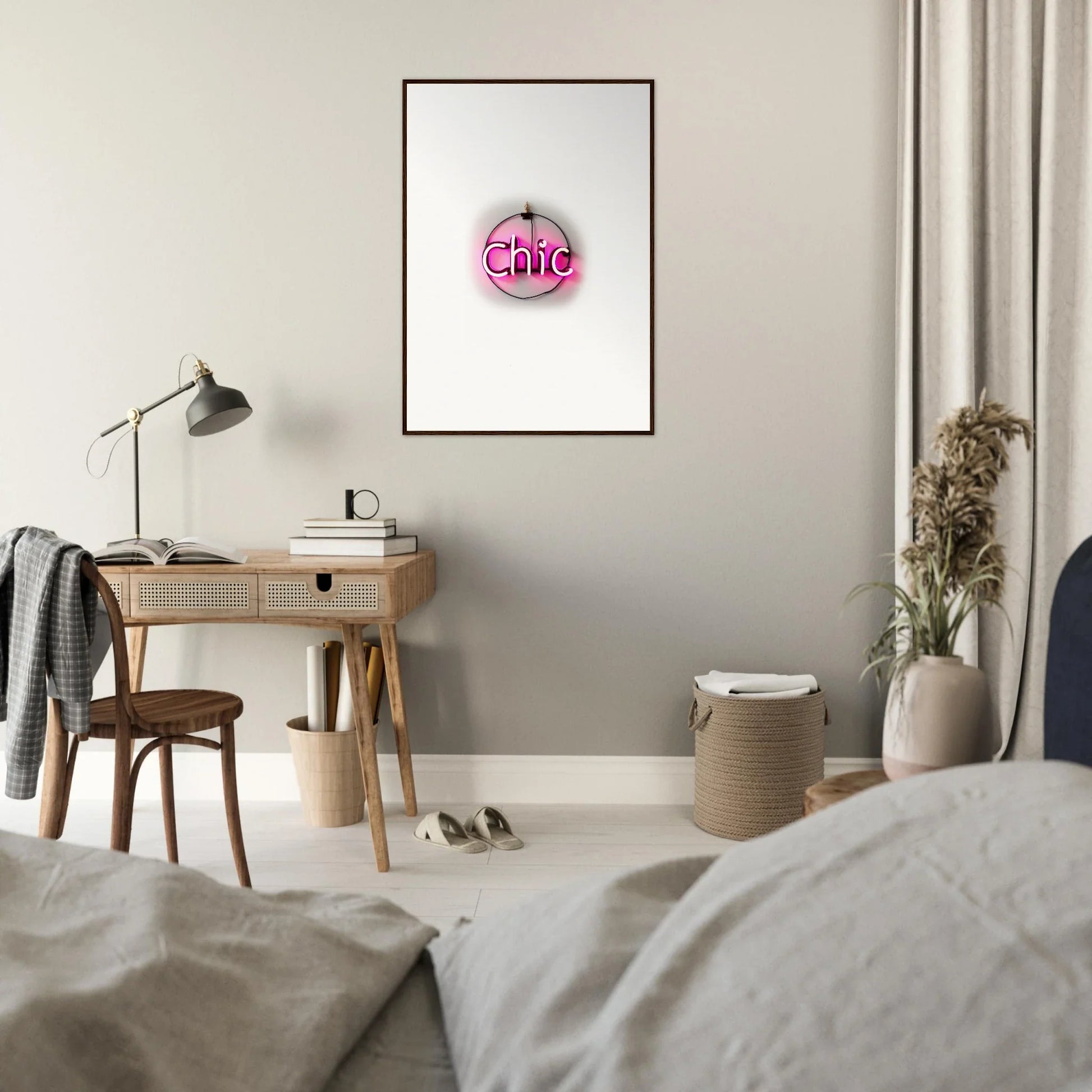 Framed wall art featuring Chic in a pink circle for stylish espress plaissant room decor