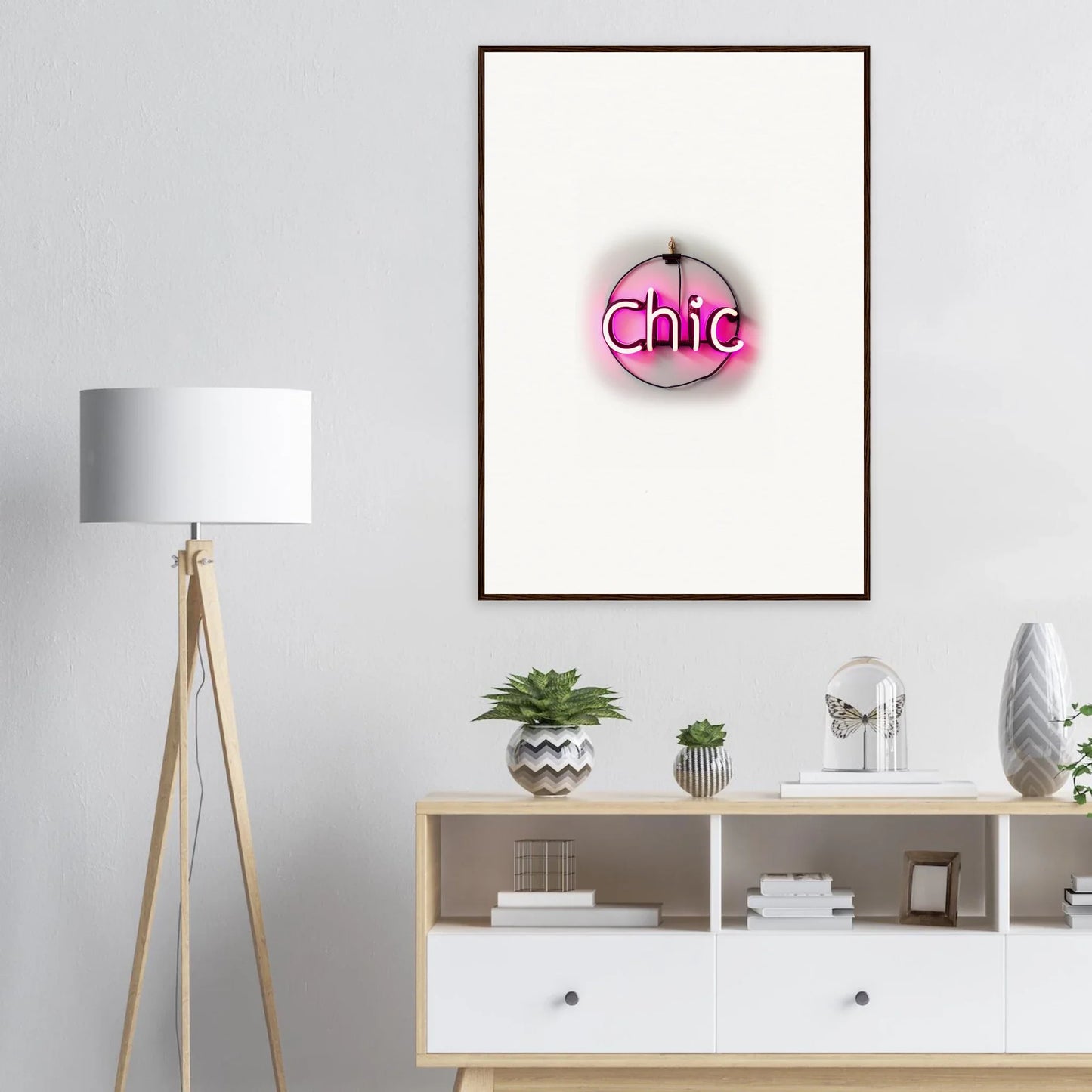 Framed wall art of a pink neon Chic sign for trendy room decor and Espress Plaissant