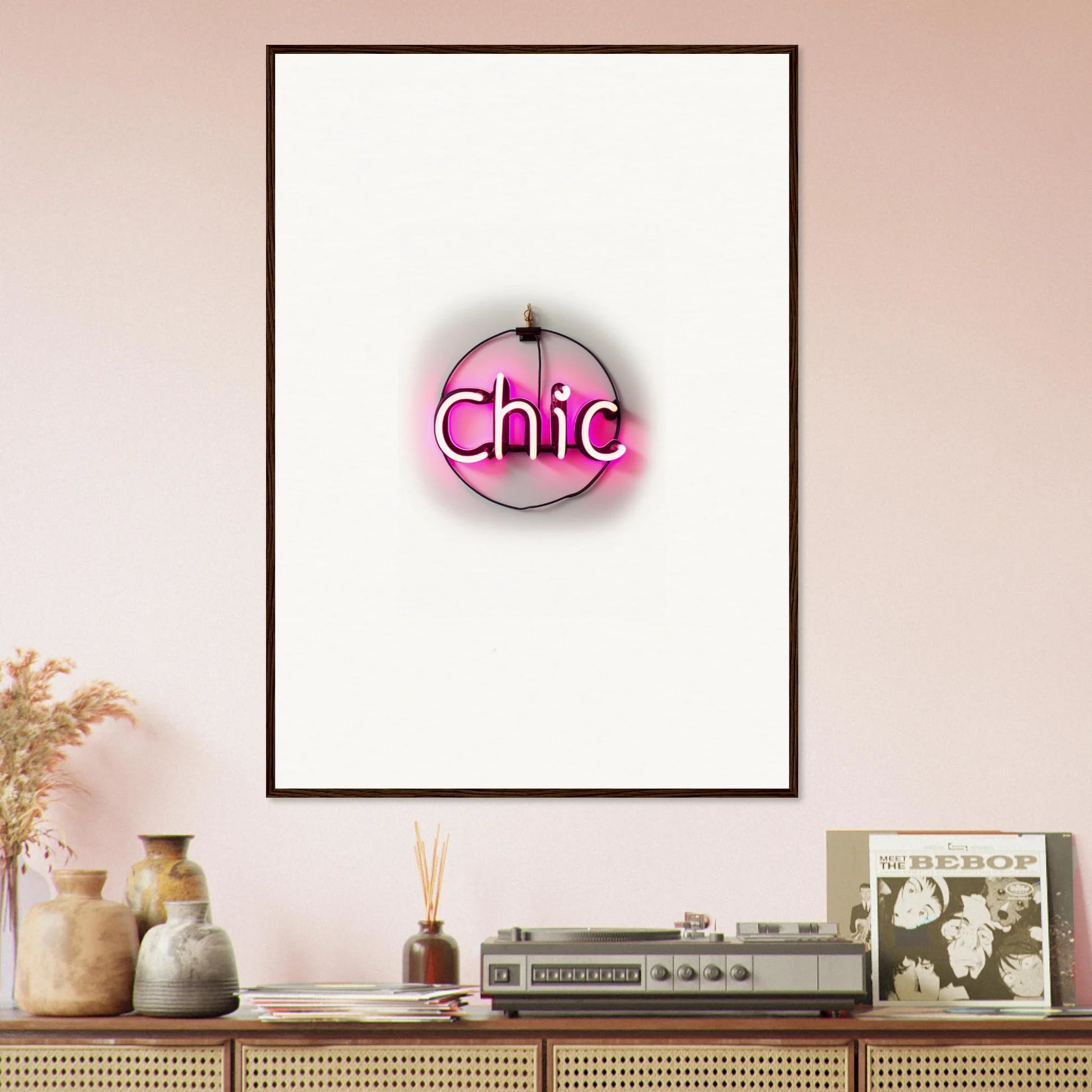 Framed wall art of a pink neon Chic sign for stylish room decor in Espress Plaissant