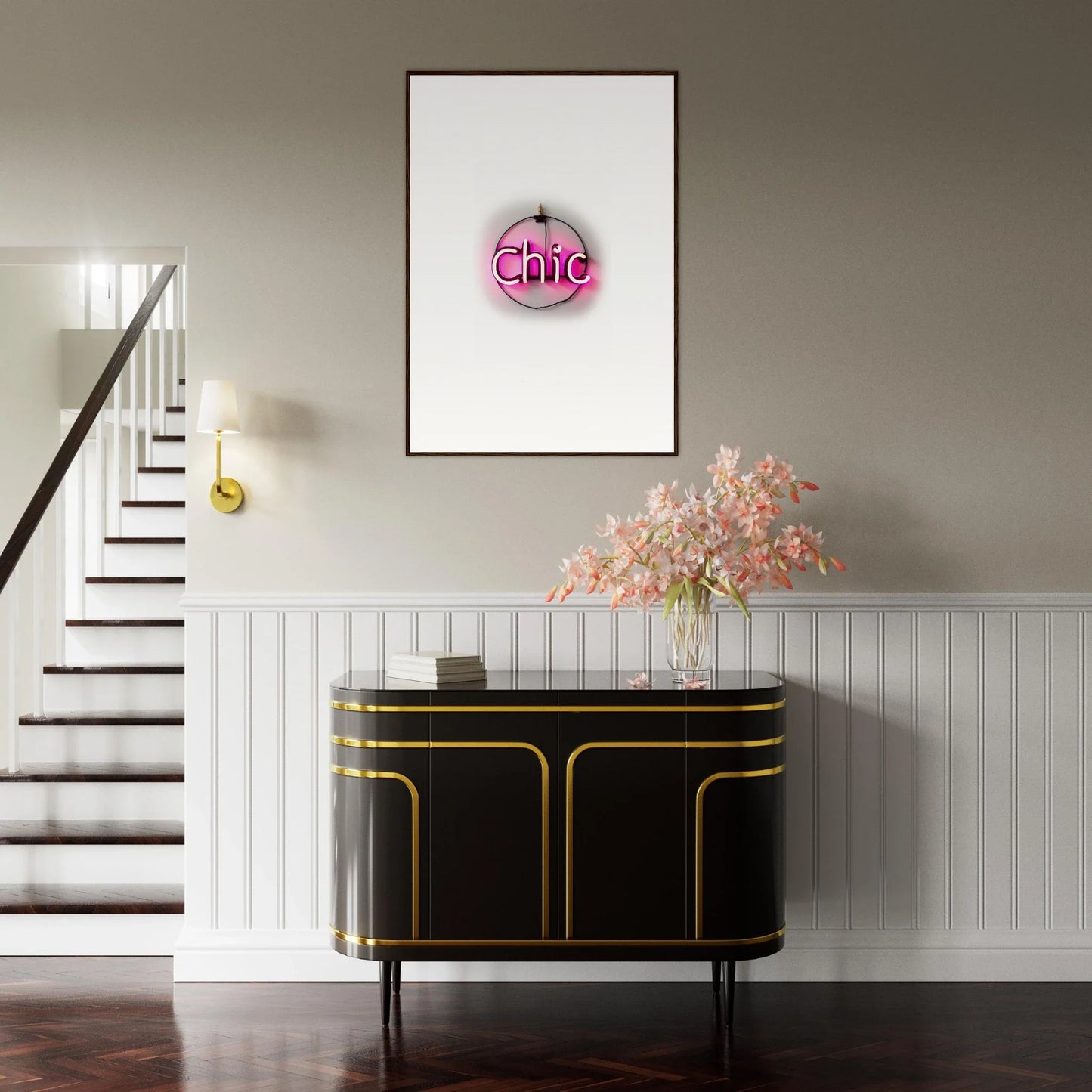 Framed wall art with a pink neon Chic sign for stylish room decor by Espress Plaissant