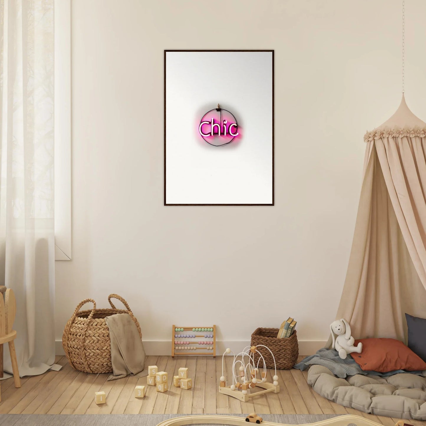 Framed wall art with pink neon Chic sign for stylish room decor by Espress Plaissant