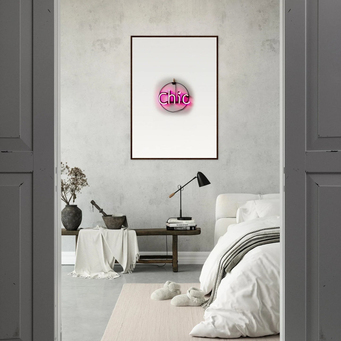 Framed wall art featuring a pink neon Chic sign for stylish room decor by Espress Plaissant