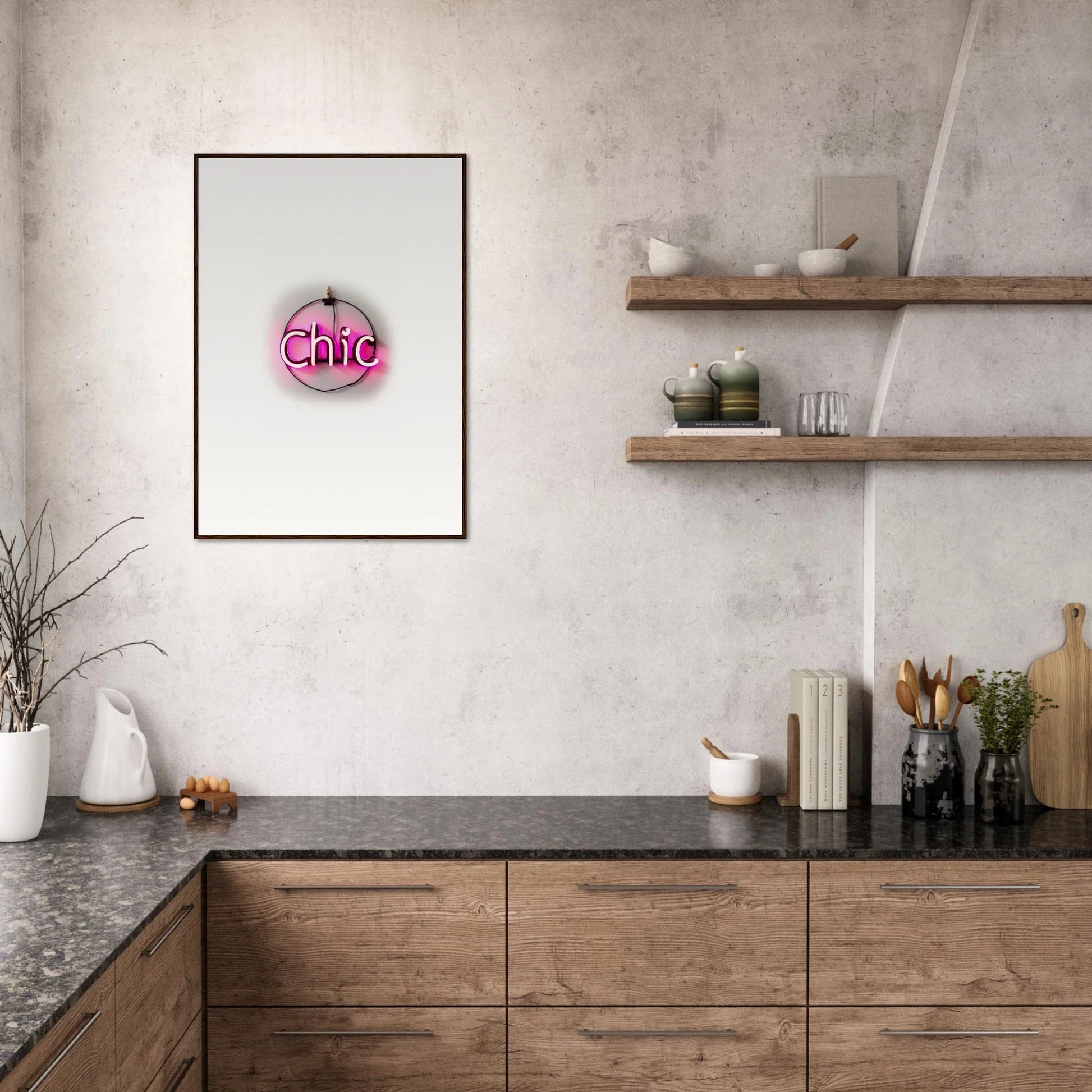 Framed wall art with pink neon Chic sign, perfect for stylish room decor by Espress Plaissant