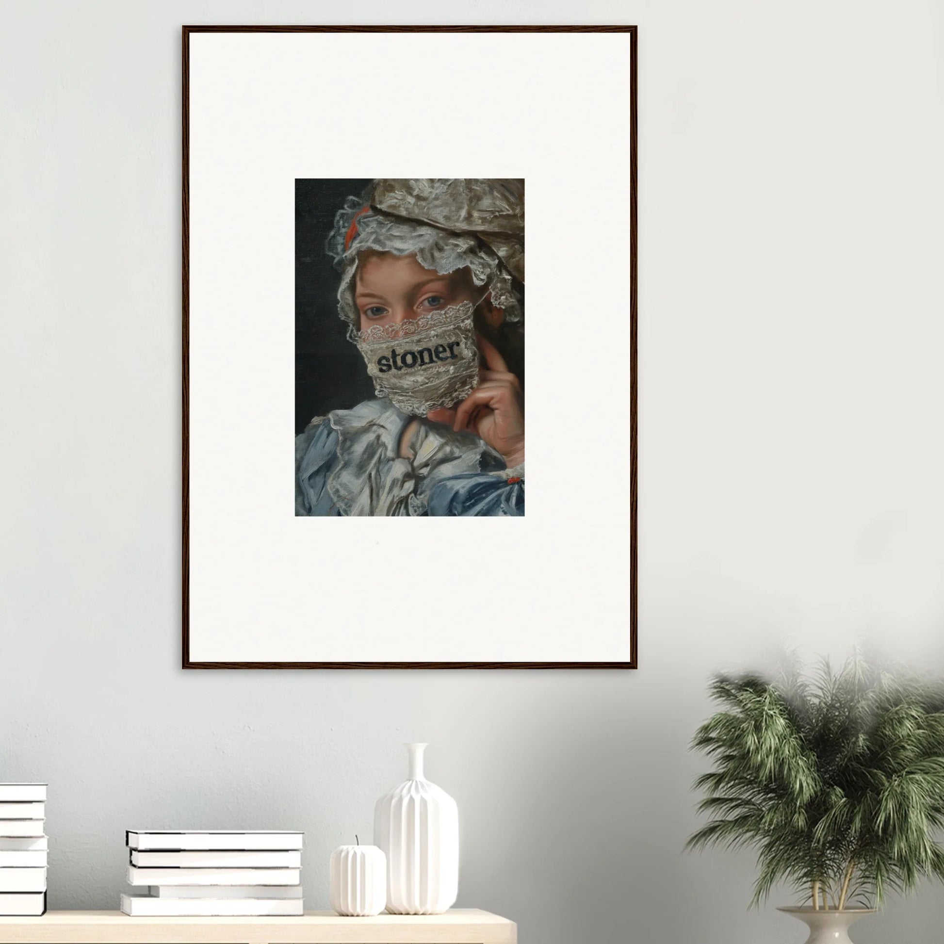 Framed wall art featuring a portrait with stoner overlay for Metamorphose Bliss room decor