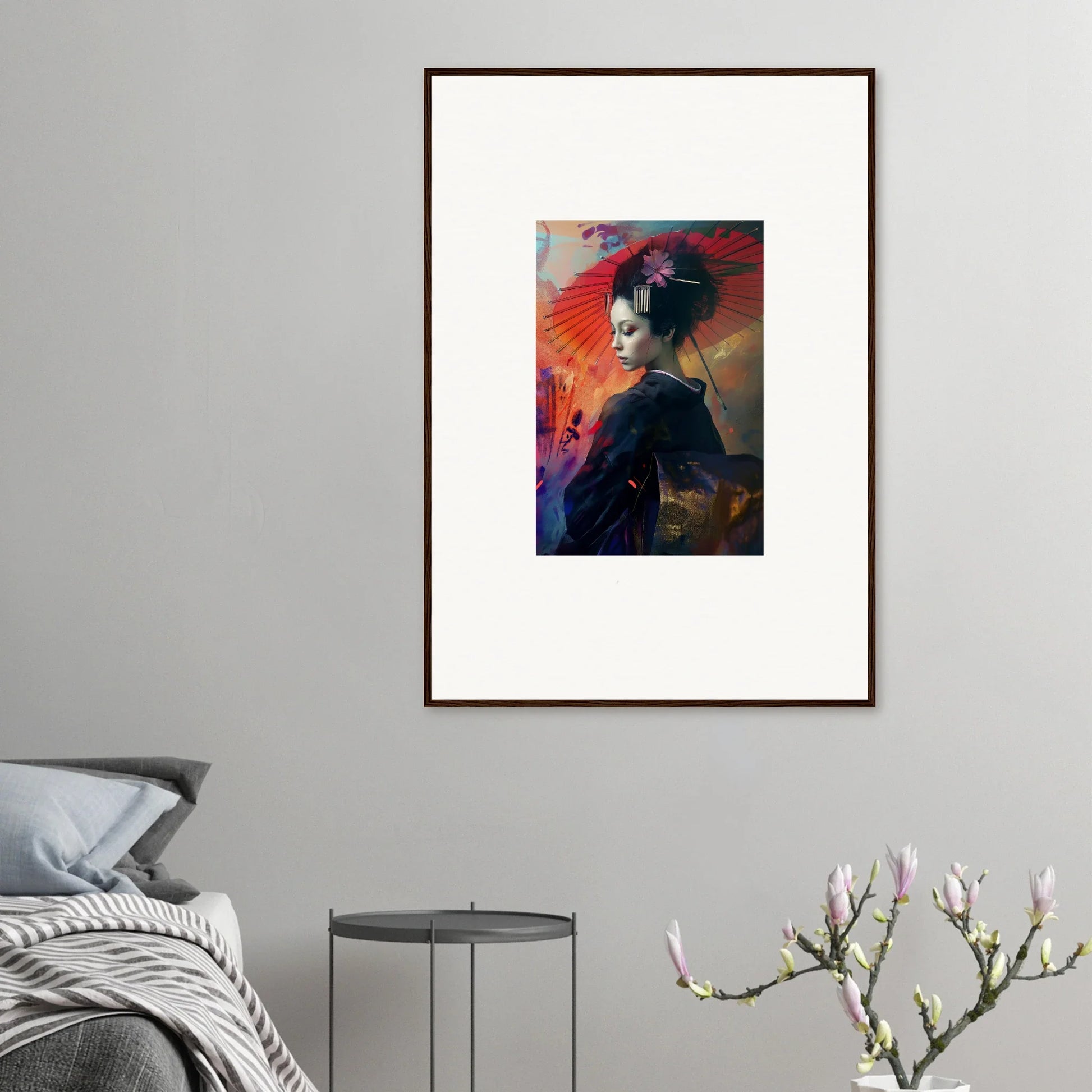 Framed wall art of a woman’s profile in a colorful silken realm background for room decor